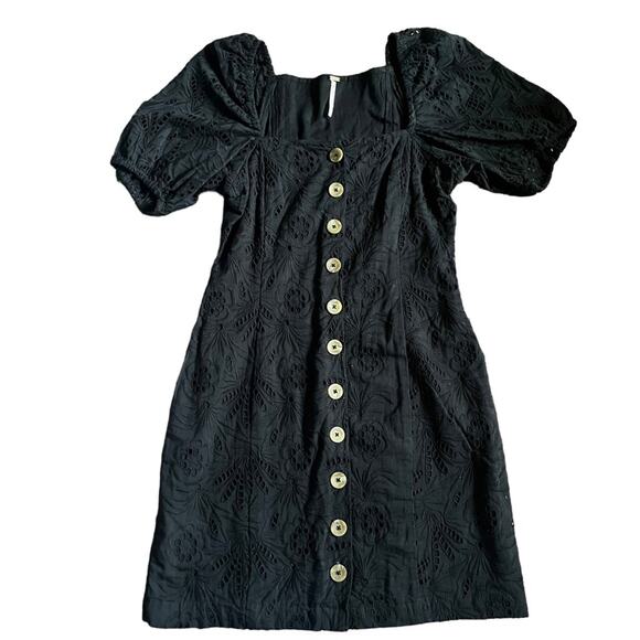 Free People Daniella Eyelet Lace Mini Dress Cottage Boho Prairie Black Size 0 XS - Picture 4 of 11